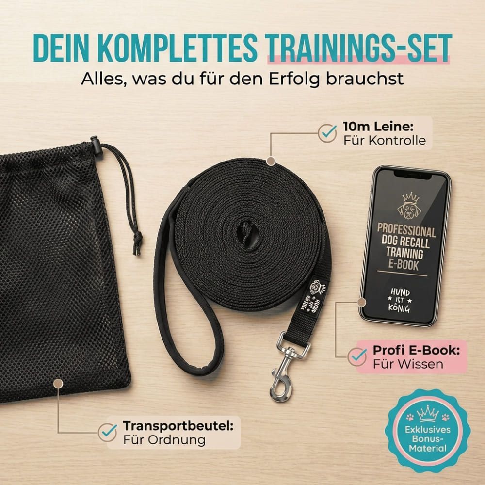 Schwarze Schleppleine, Transportbeutel und E-Book. Text: "Dein komplettes Trainings-Set". E-Book für Wissen, Transportbeutel für Ordnung.
