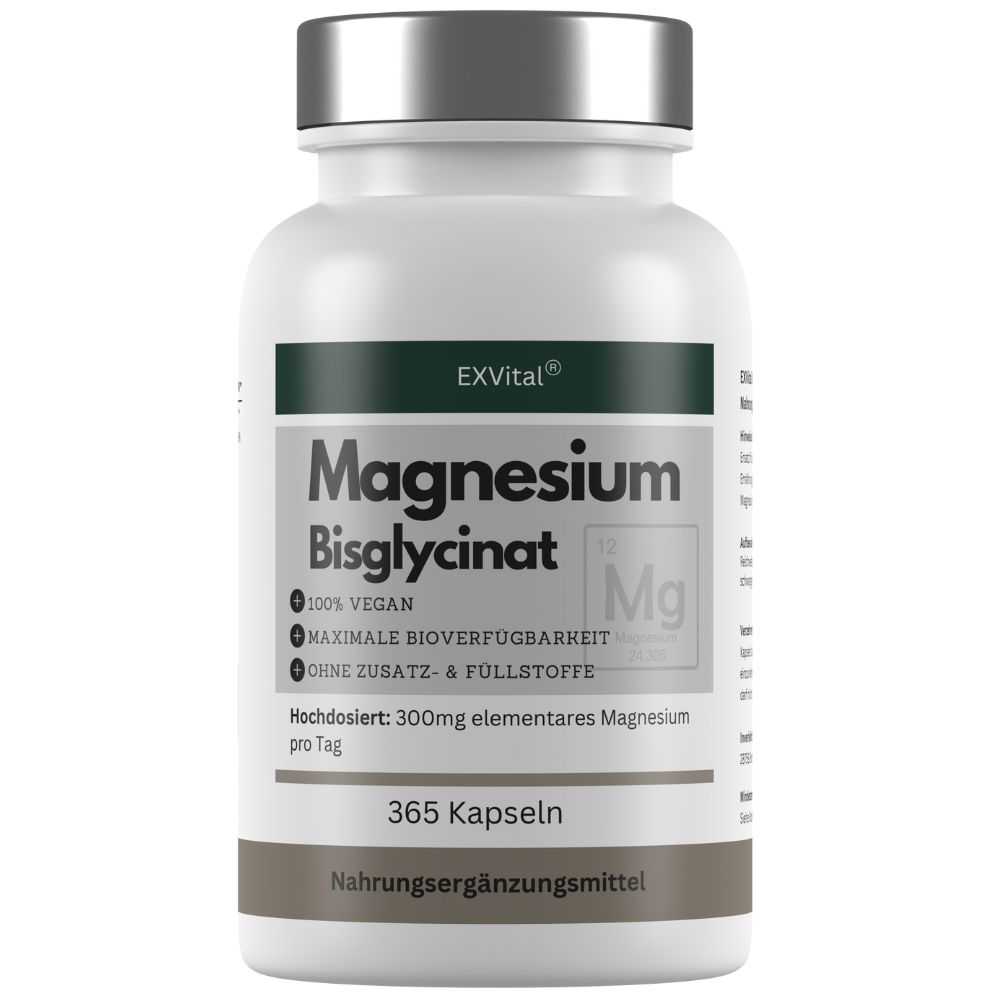 Weiße Flasche mit silbernem Deckel. Aufschrift: EXVital Magnesiumbisglycinat. 365 Kapseln. Nahrungsergänzungsmittel.