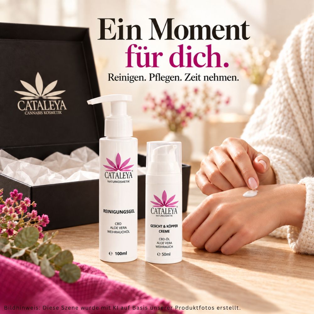 Geschenkbox mit Hautpflegeprodukten. Eine Hand trägt Creme auf. Titel: Ein Moment für dich.