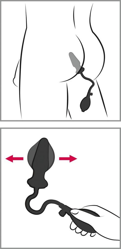 Zwei Illustrationen. Eine zeigt die Anwendung des Produkts. Die andere zeigt das Produkt mit Pfeilen.