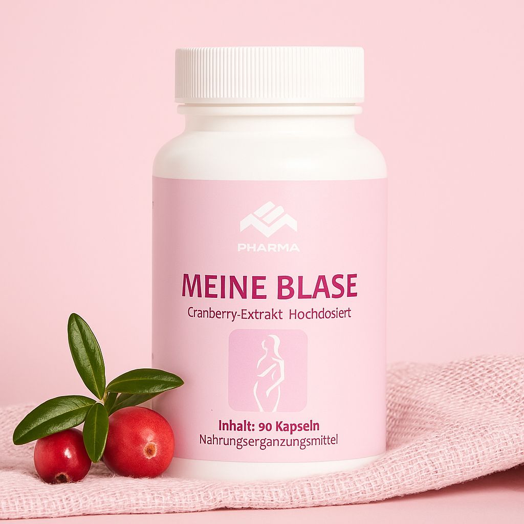 Weiße Flasche mit rosa Etikett. Aufschrift: MEINE BLASE, Cranberry Extrakt. Cranberry-Zweige und Beeren daneben.