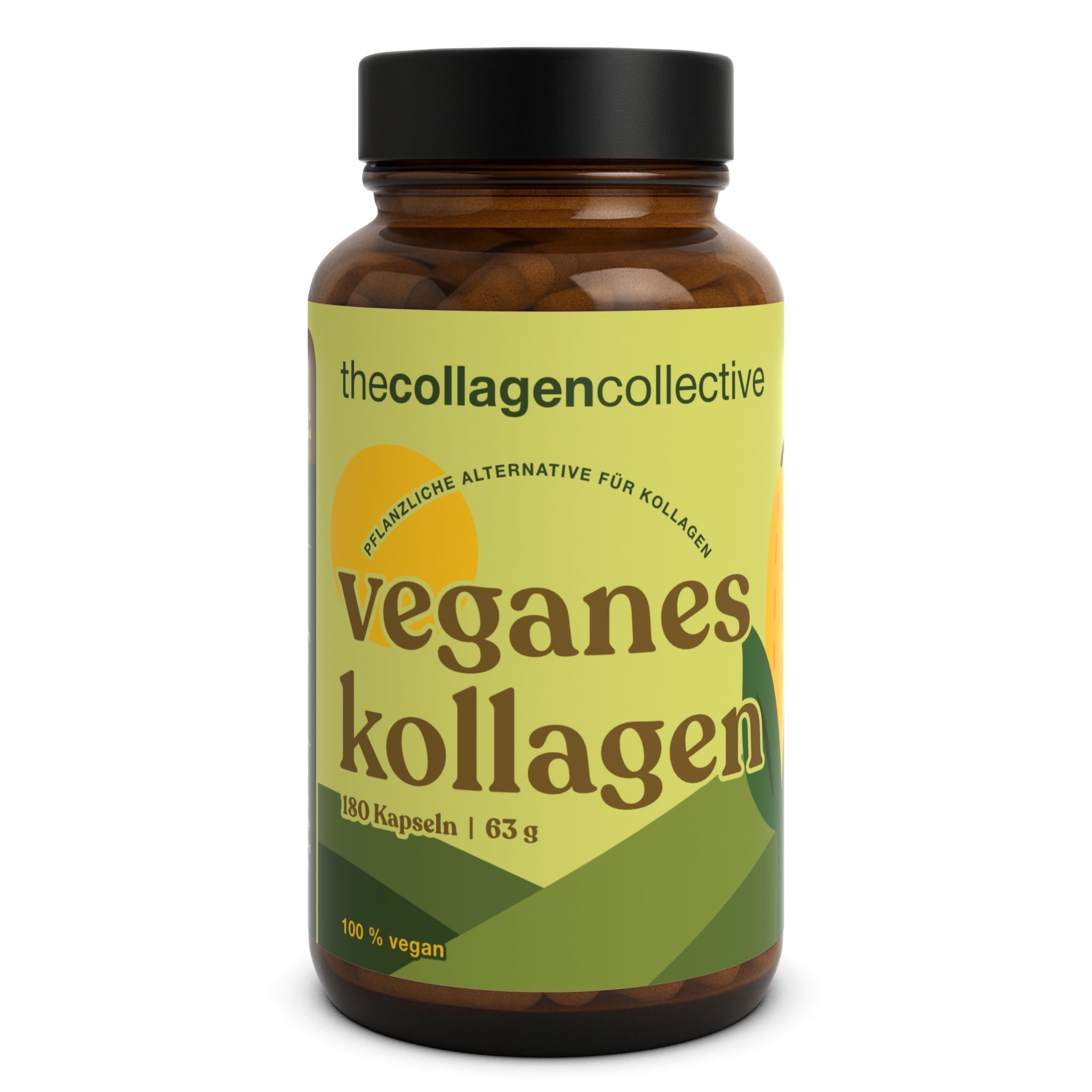 Braune Flasche mit schwarzen Deckel. Aufschrift: veganes Kollagen, 180 Kapseln, 63 g. Marke: thecollagencollective.