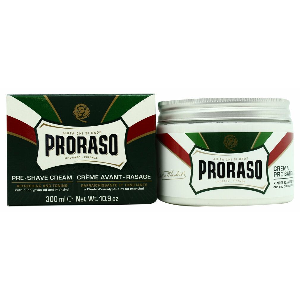 Creme-Tiegel und Schachtel. Aufschrift: PRORASO. Grün-weiß-rote Streifen. Text: Pre-Shave Cream. Mit Eukalyptusöl und Menthol.