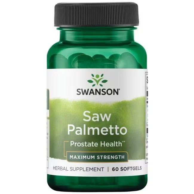 Grüne Flasche mit schwarzen Kapseln. Aufschrift: SWANSON, Saw Palmetto, Prostate Health, Maximum Strength, 60 Softgels.
