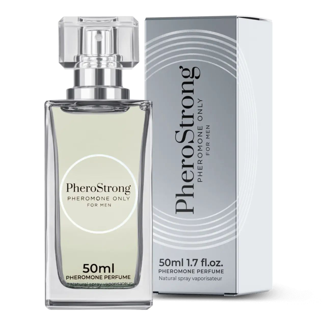 Parfümflasche und Verpackung. Flasche: klar, grünliche Flüssigkeit. Verpackung: silber, weiß. Text: PheroStrong, 50ml.
