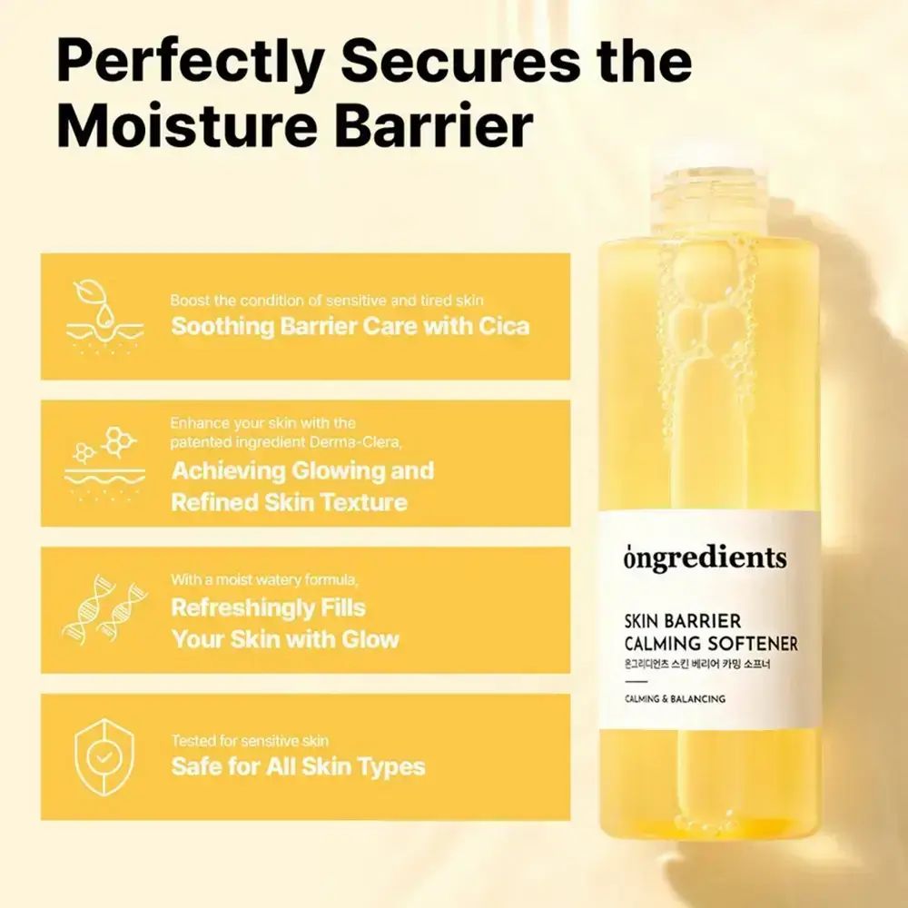 Flasche ONGREDIENTS Skin Barrier Calming Softener neben Text. Text: Soothing Barrier Care with Cica, Safe for All Skin Types.