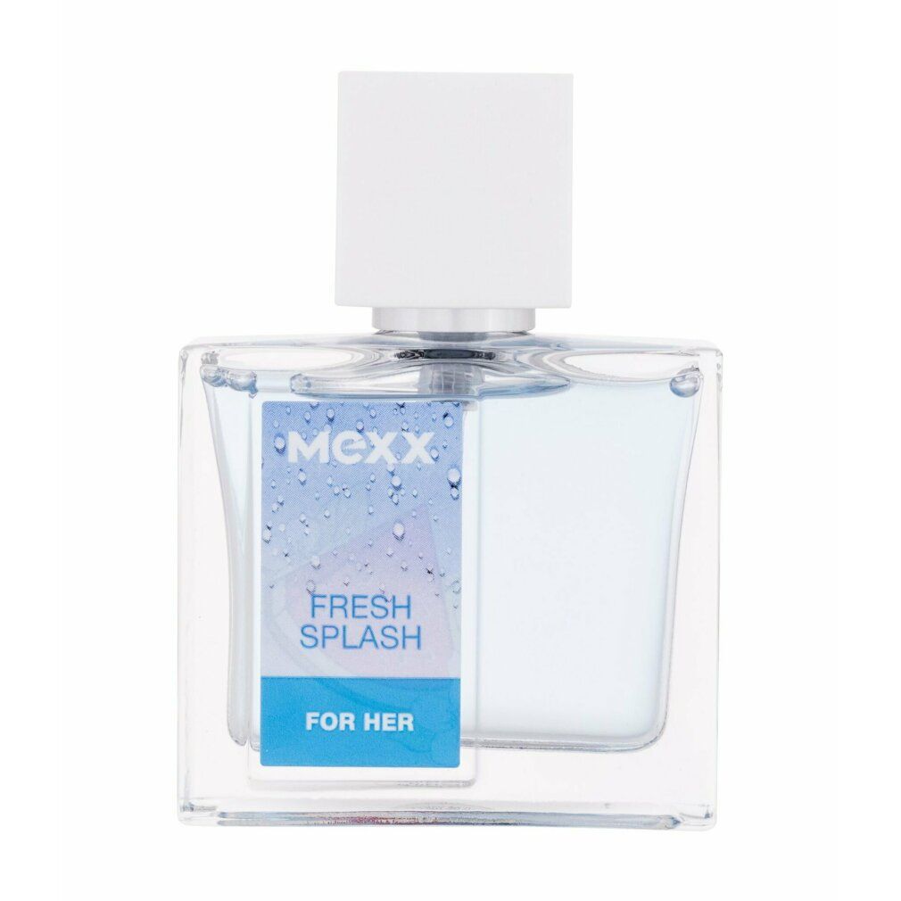 Quadratischer Flakon mit weißem Verschluss. Aufkleber mit "Mexx Fresh Splash For Her".