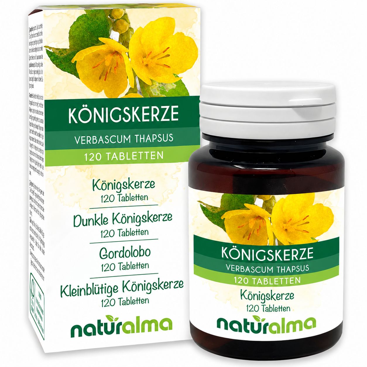 Königskerze Tabletten von Naturalma in einem Braunglastiegel mit 120 Tabletten und Faltschachtel.