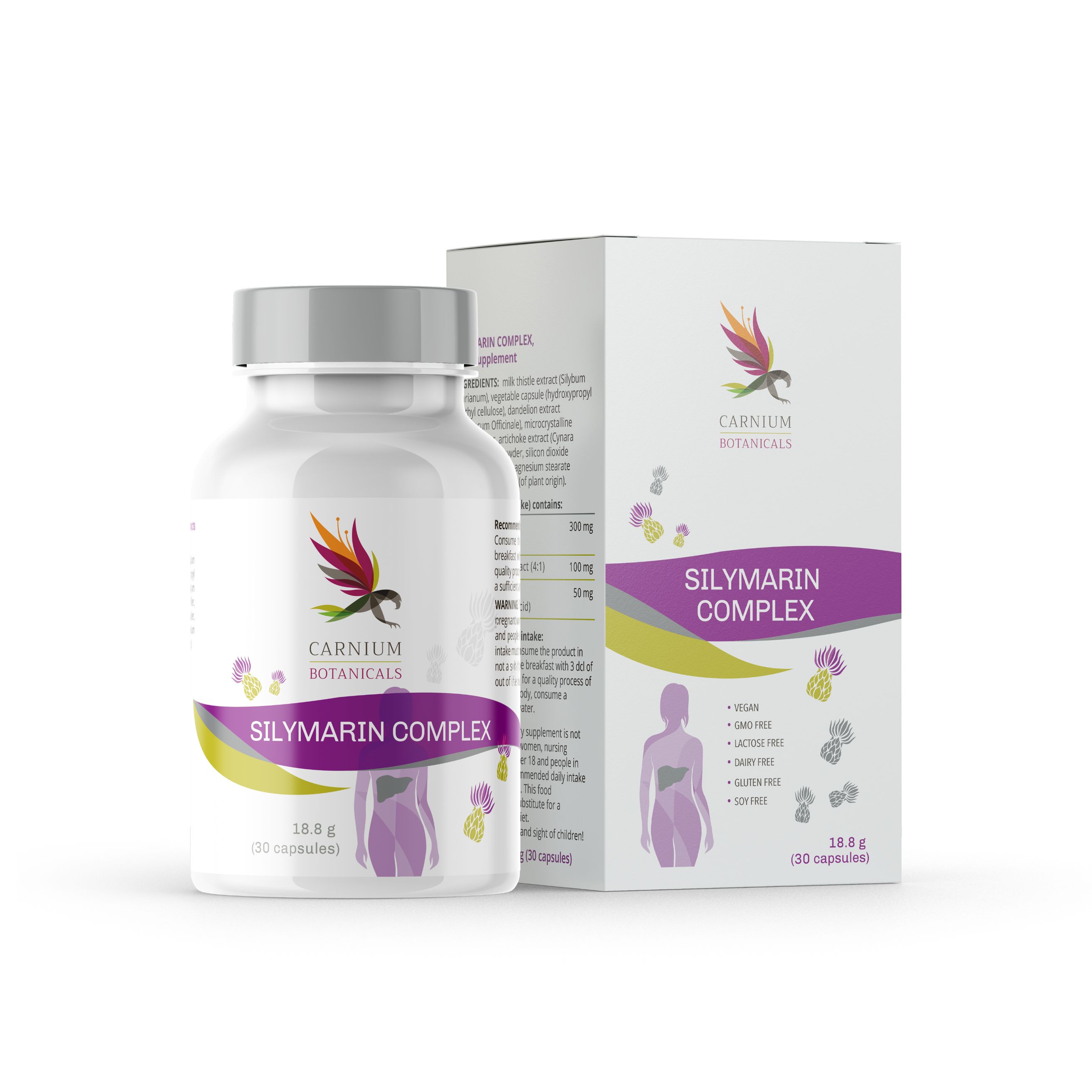 Weiße Flasche und Schachtel mit Produktaufdruck. Aufschrift: Carnium Botanicals Silymarin Complex. Abbildung einer Leber.