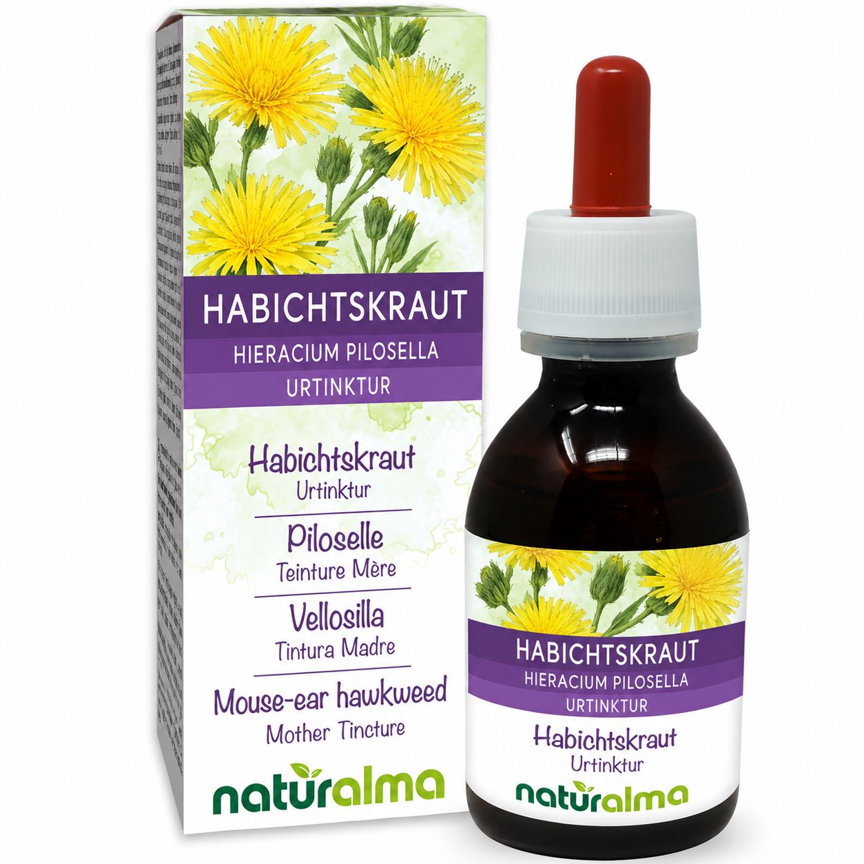 Habichtskraut Urtinktur Flasche und Karton mit Abbildung der Pflanze.
