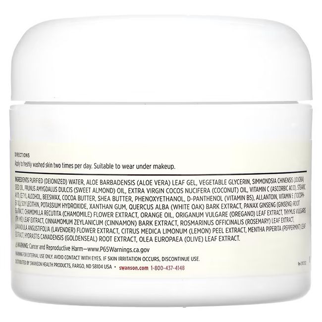 Rückseite des Cremebehälters. Enthält Inhaltsstoffe wie Aloe Vera, Vitamin C und Kamille. Warnhinweise.