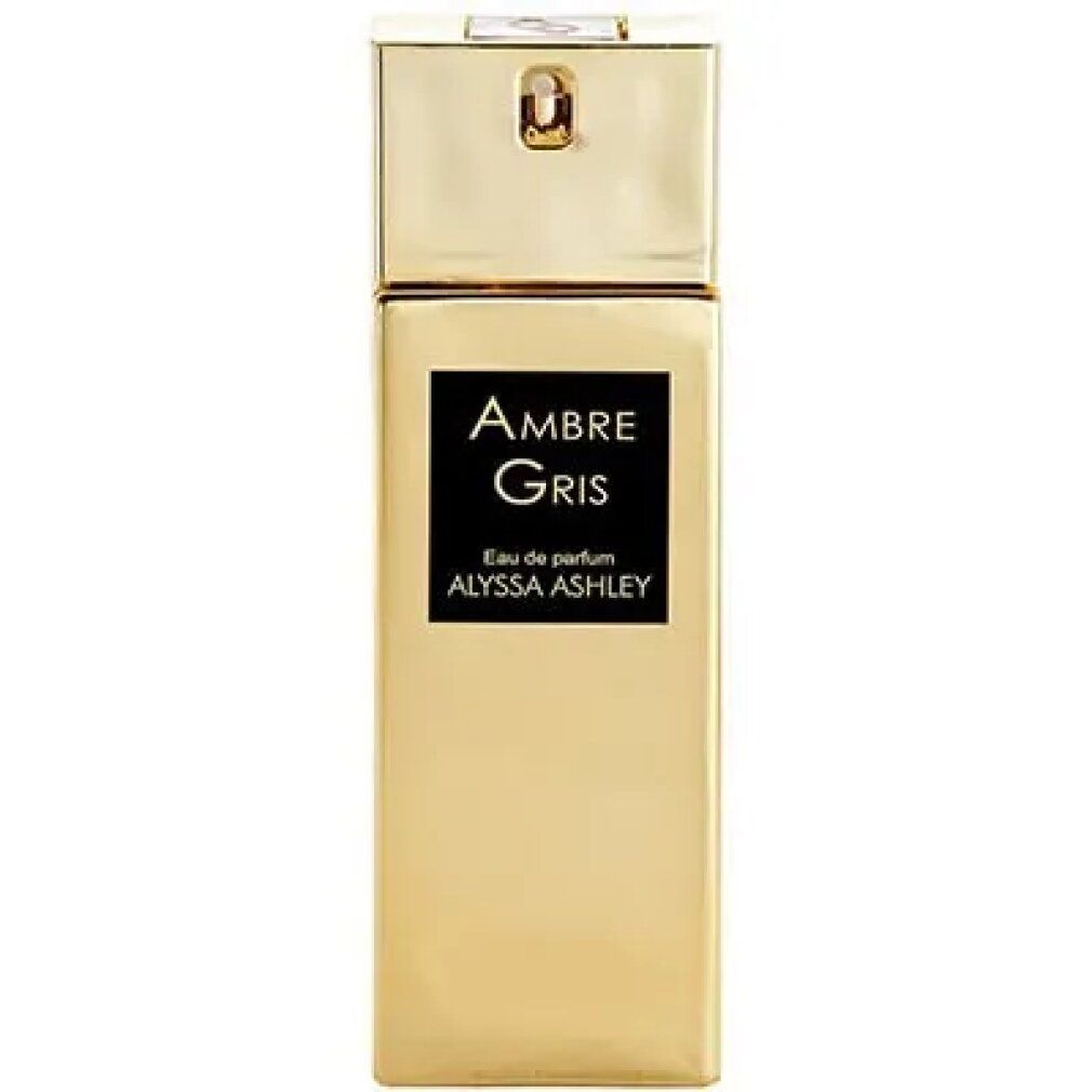 Goldfarbener Flakon mit schwarzem Etikett. "Ambre Gris" und "Alyssa Ashley" sind sichtbar.