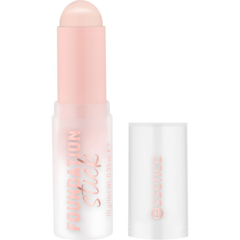Foundation Stick mit geöffnetem Deckel. Rosa Stift mit weißem Deckel. Essence-Logo.