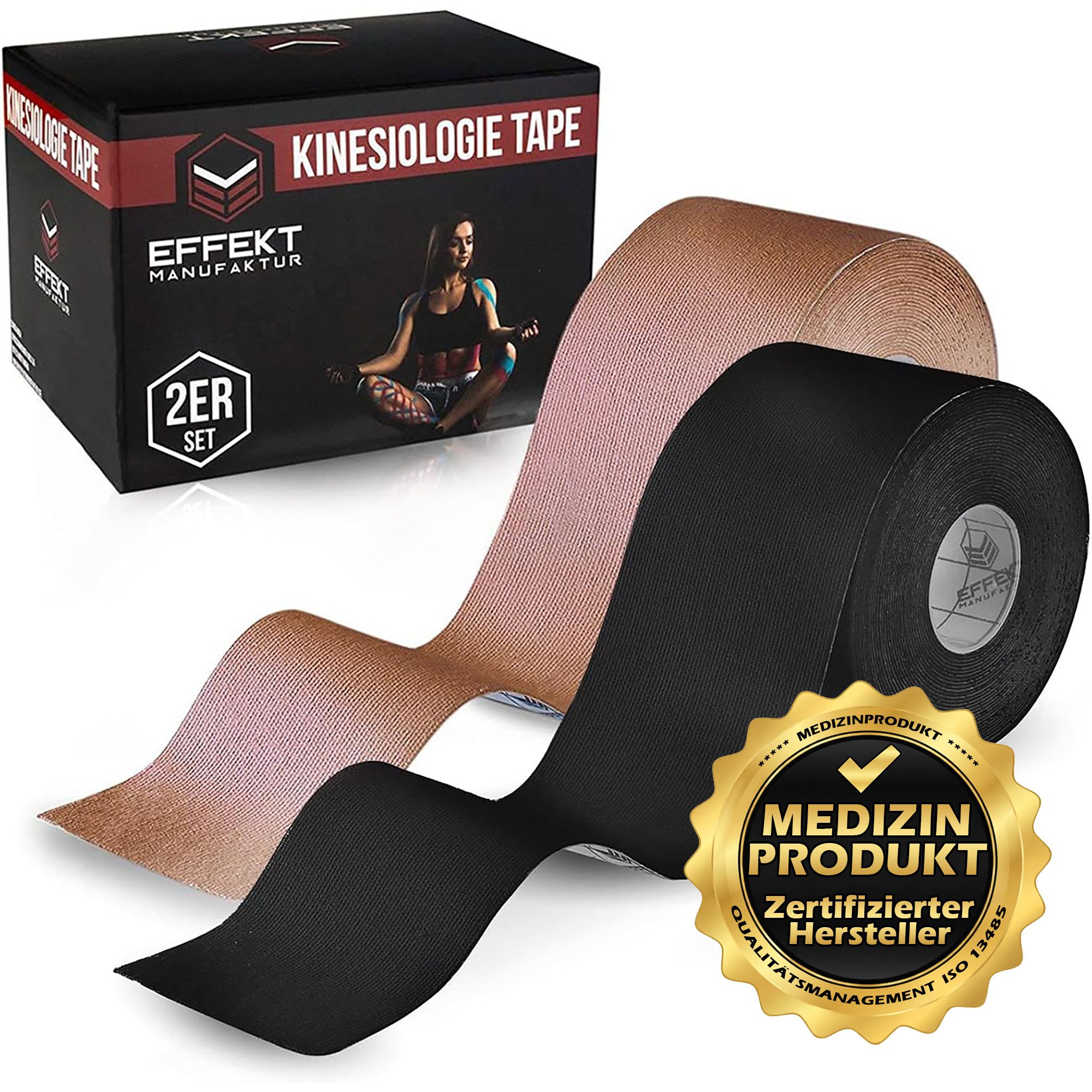 Kinesiotape-Set: beige und schwarze Rollen. Verpackung mit Logo und Text: 2er Set.