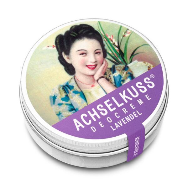 ACHSELKUSS Deocreme Lavendel: Dose mit Vintage-Illustration einer Frau, Lavendelmotiv und seitlichem Etikett.