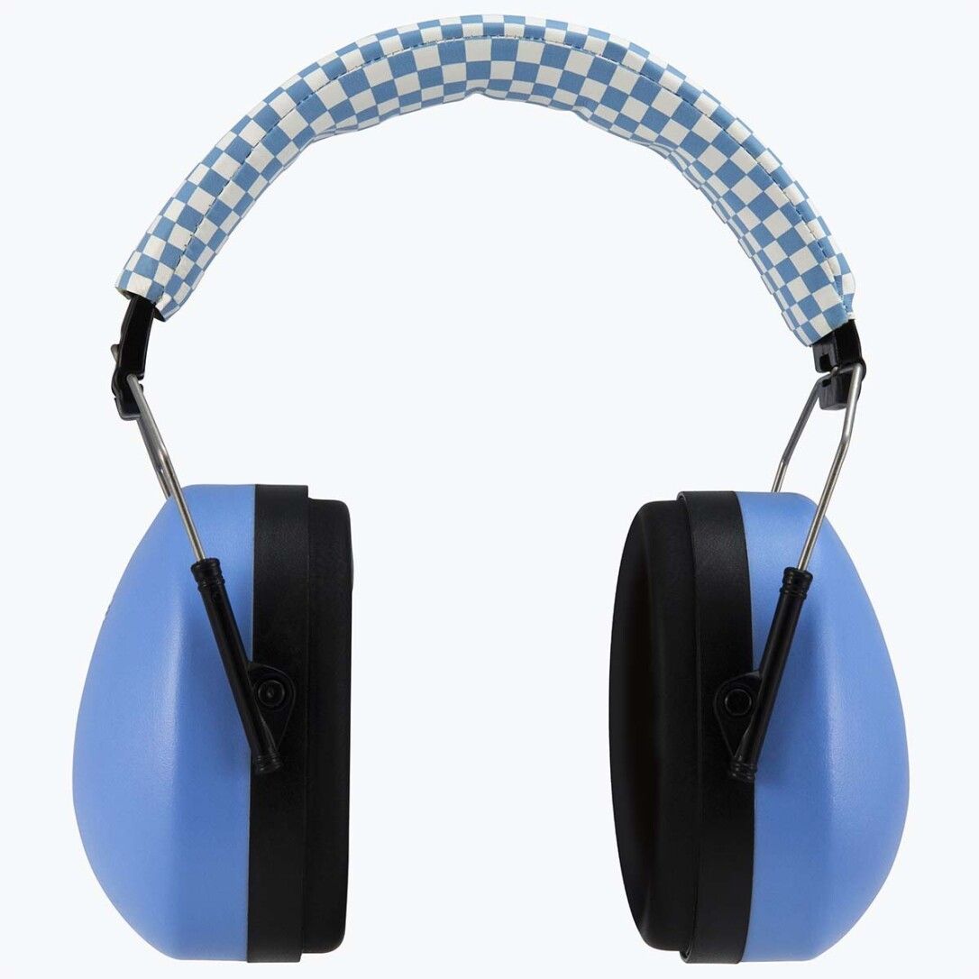 Blaues Gehörschutz für Babys und Kinder. Schwarz-weiß kariertes Kopfband.