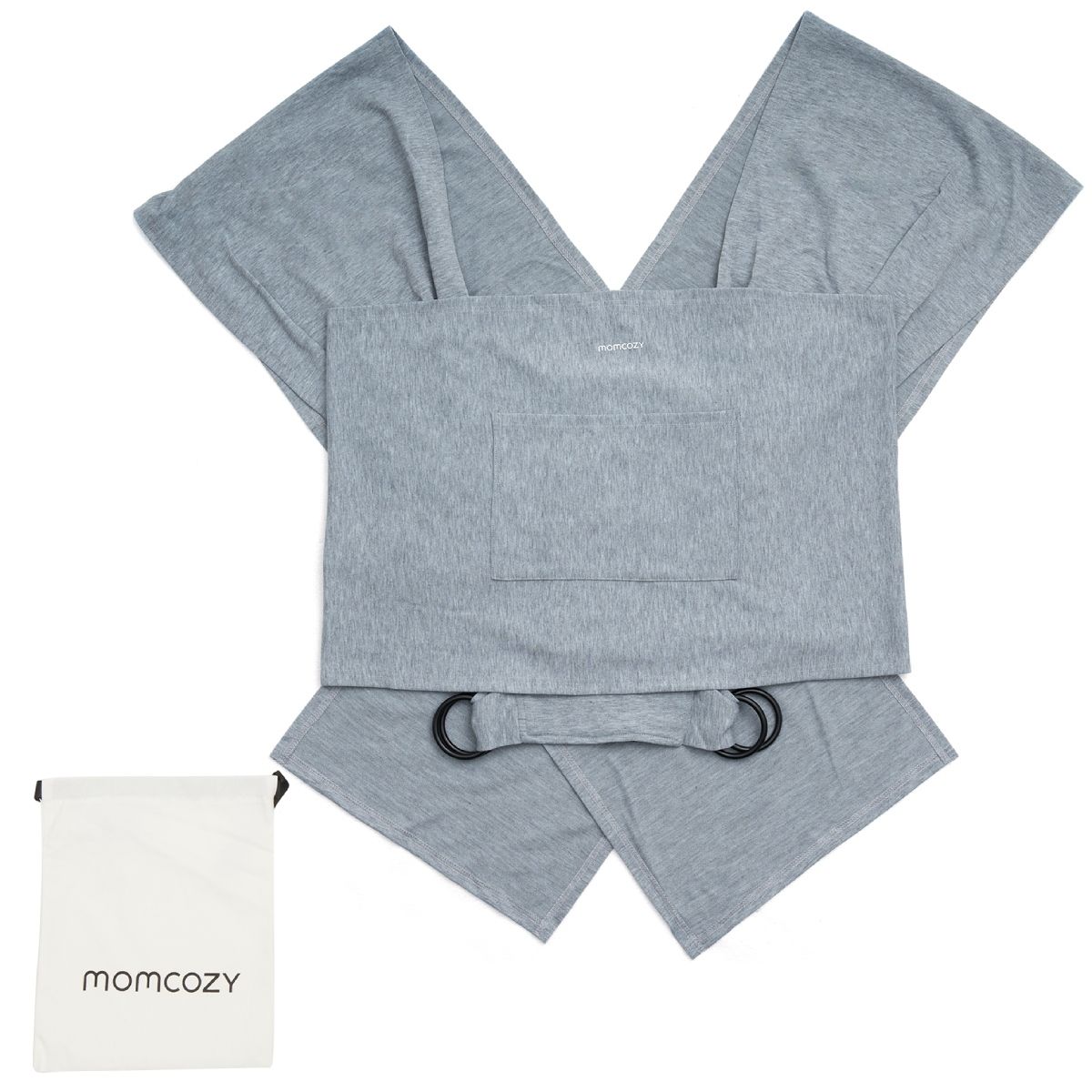 Ein hellgraues Momcozy Babytragetuch, das flach ausgebreitet ist. Es hat eine Tasche und zwei Metallringe. Eine kleine weiße Tasche mit dem Momcozy-Logo liegt daneben.