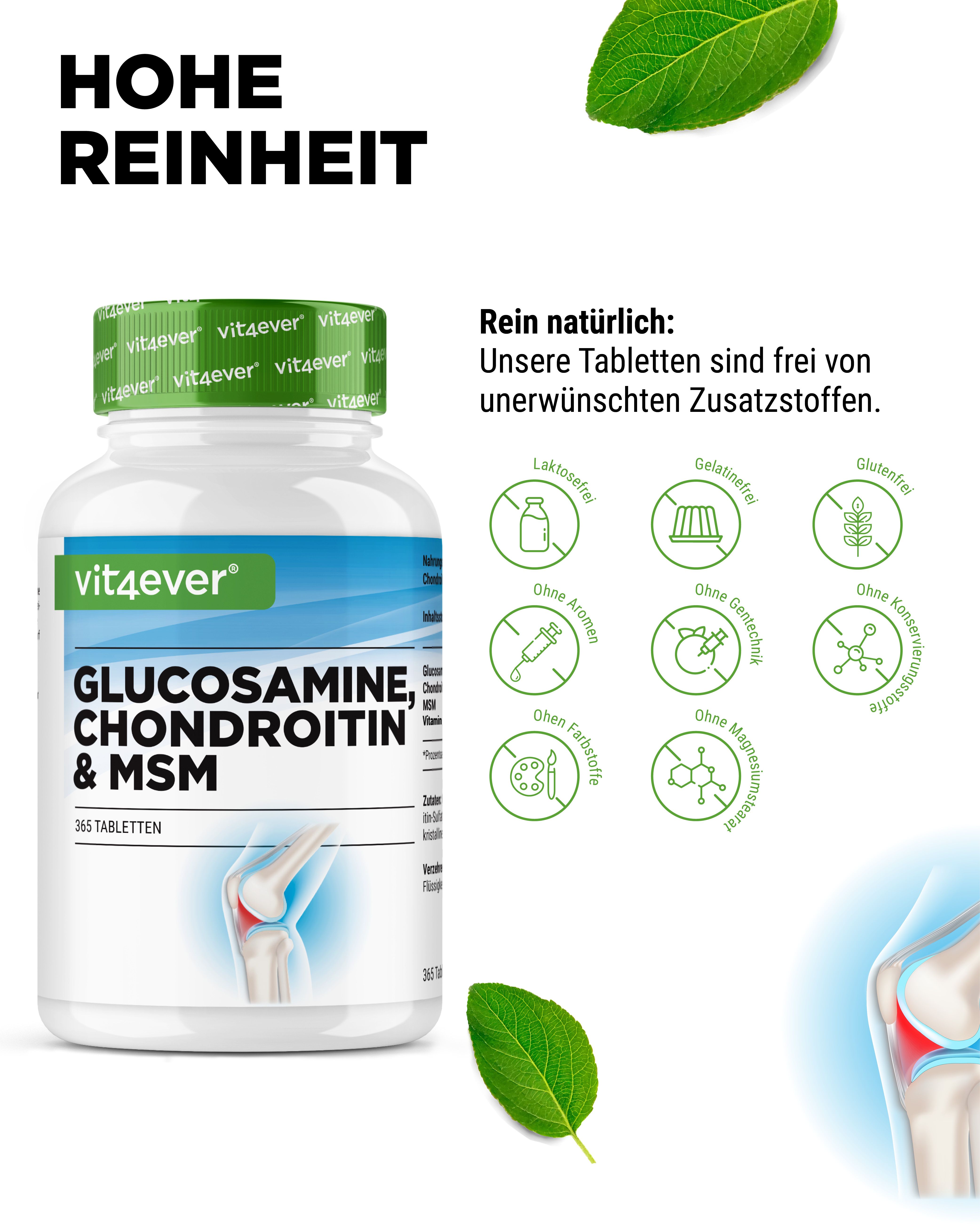 Produktflasche mit Text: Hohe Reinheit. Text: Unsere Tabletten sind frei von unerwünschten Zusatzstoffen. Illustrationen.