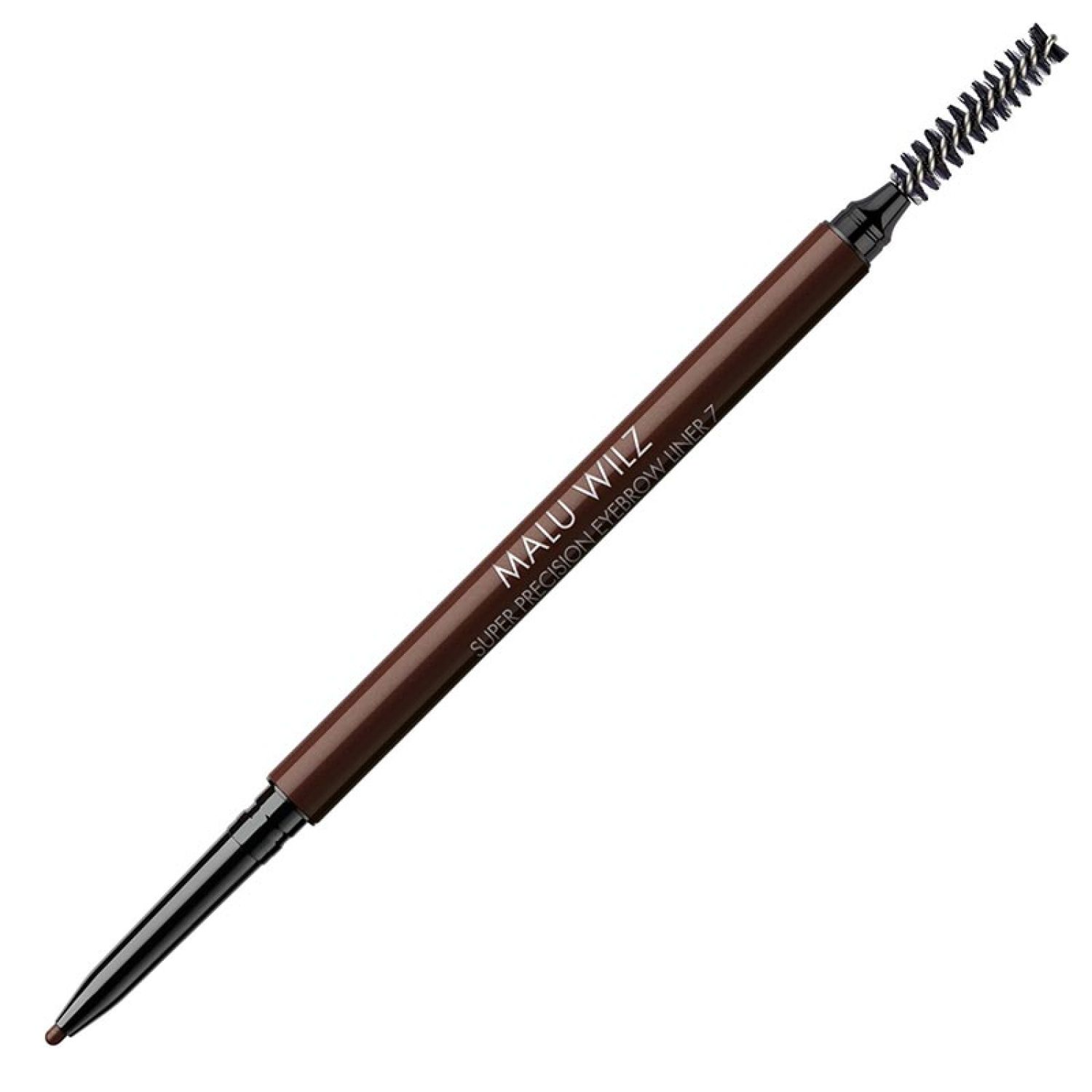 Brauner Augenbrauenstift mit Bürste. Aufschrift: MALU WILZ SUPER PRECISION EYEBROW LINER 7.
