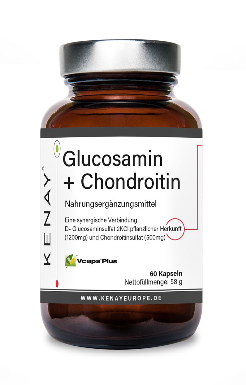 Braune Glasflasche mit weißem Etikett. Beschriftung: Glucosamin + Chondroitin, KENAY®. Enthält 60 Kapseln. Vcaps'Plus-Logo.