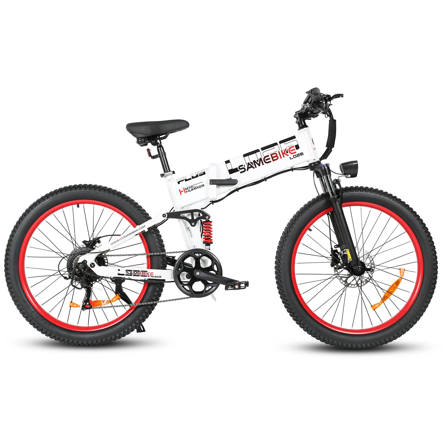 Faltbares E-Bike, weiß mit roten Felgen. Schwarze Reifen, Sattel und Lenker. Marke SAMEBIKE LO26Plus.