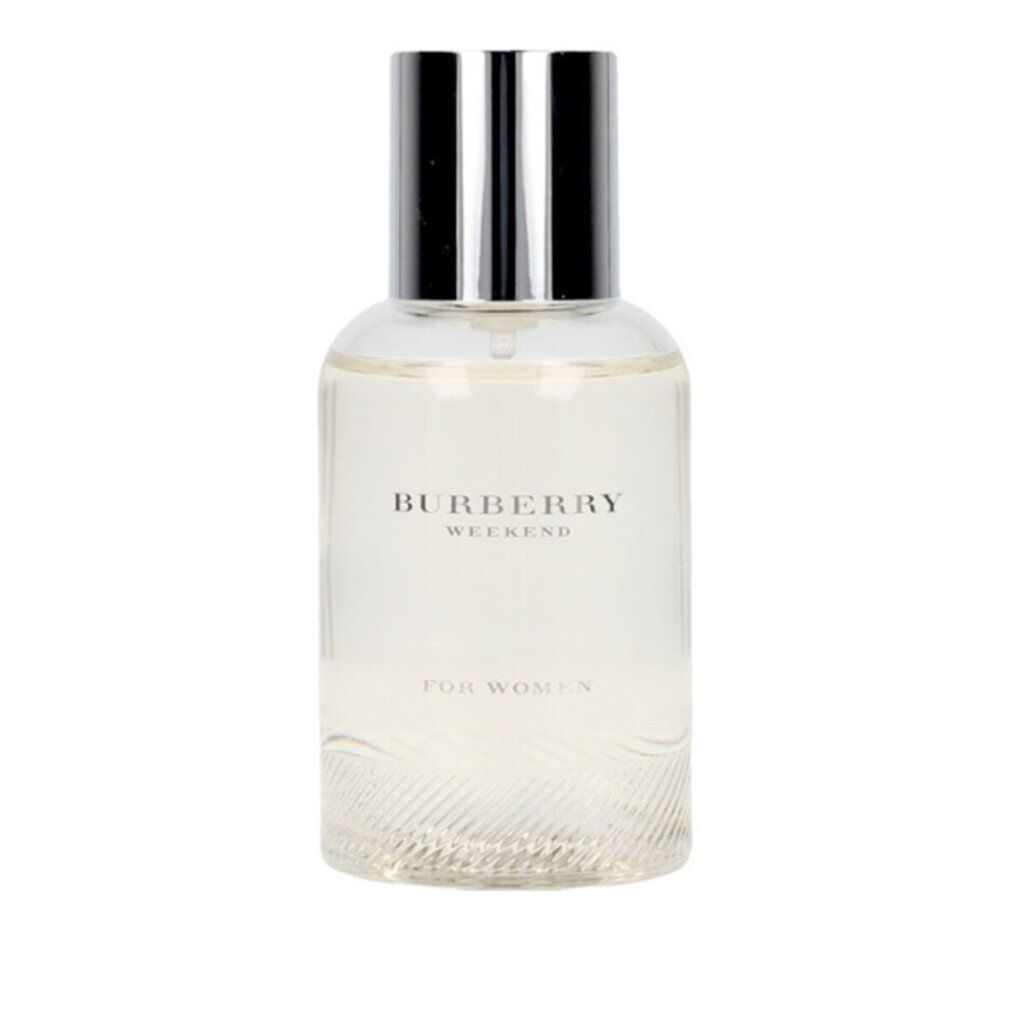 Burberry Weekend Damen Eau de Parfum Spray. Transparente Flasche mit silbernem Verschluss. Text: Burberry Weekend, For Women.
