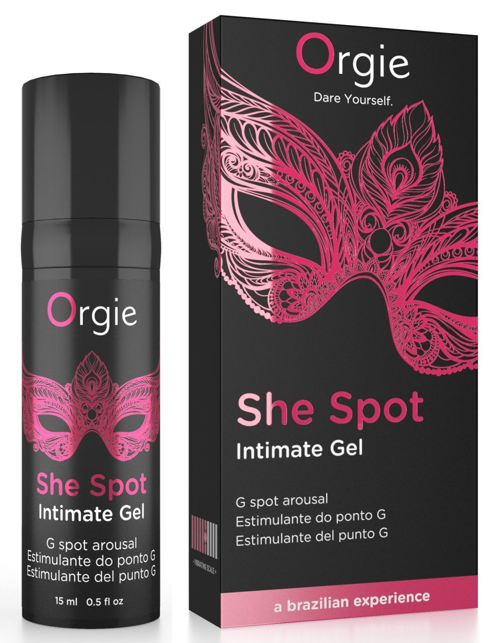 Schwarze Flasche und Verpackung. Aufschrift: She Spot Intimate Gel. Pinkes Masken-Design. 15 ml.