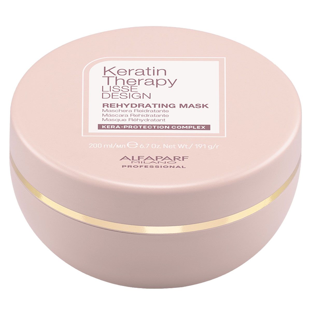 Runde, blassrosa Dose mit goldfarbenem Rand. Etikett mit 'Keratin Therapy Lisse Design Rehydrating Mask'.