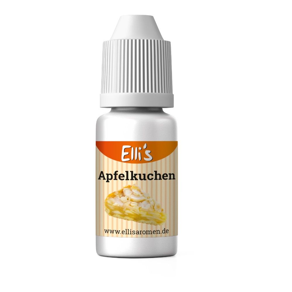 Weiße Flasche mit Etikett. Aufschrift: Elli's Apfelkuchen. Abbildung: Apfelkuchenstück. www.ellisaromen.de.