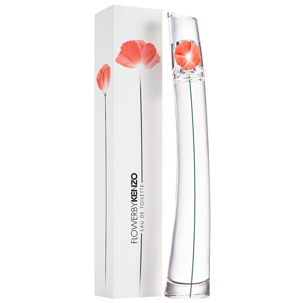 Kenzo Flower By Kenzo Eau de Toilette. Flakon und Verpackung. Weißer Karton mit Mohnblüten-Illustration. Klarer Flakon mit Blüte.