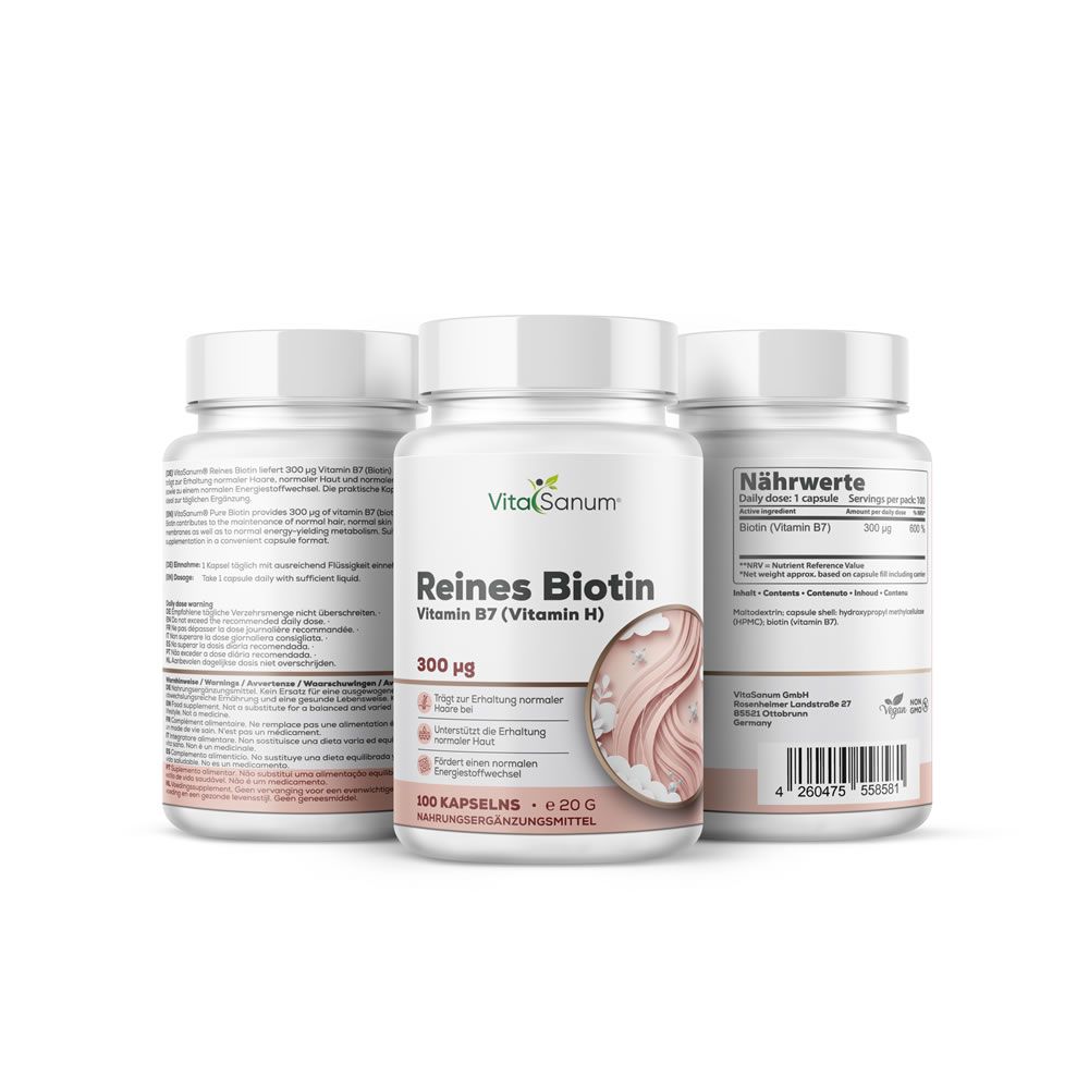 Drei weiße Flaschen VitaSanum Reines Biotin. Aufschrift: 300 µg, 100 Kapseln, Vitamin B7 (Vitamin H). Rosa-weißes Etikett.