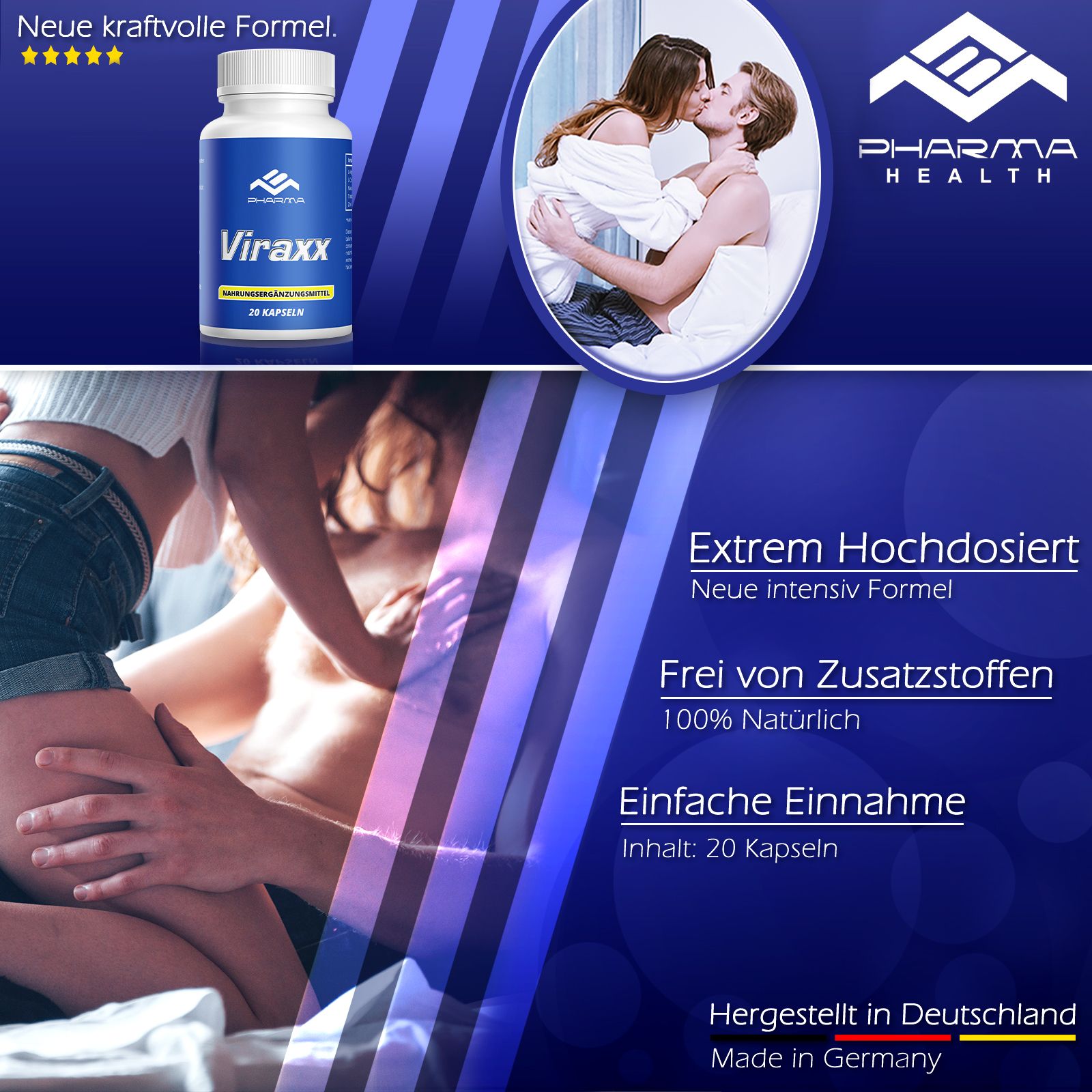 Werbebild mit Flasche Viraxx, Pharma. Text: Extrem hochdosiert, Frei von Zusatzstoffen, Einfache Einnahme. Bild von Paar.
