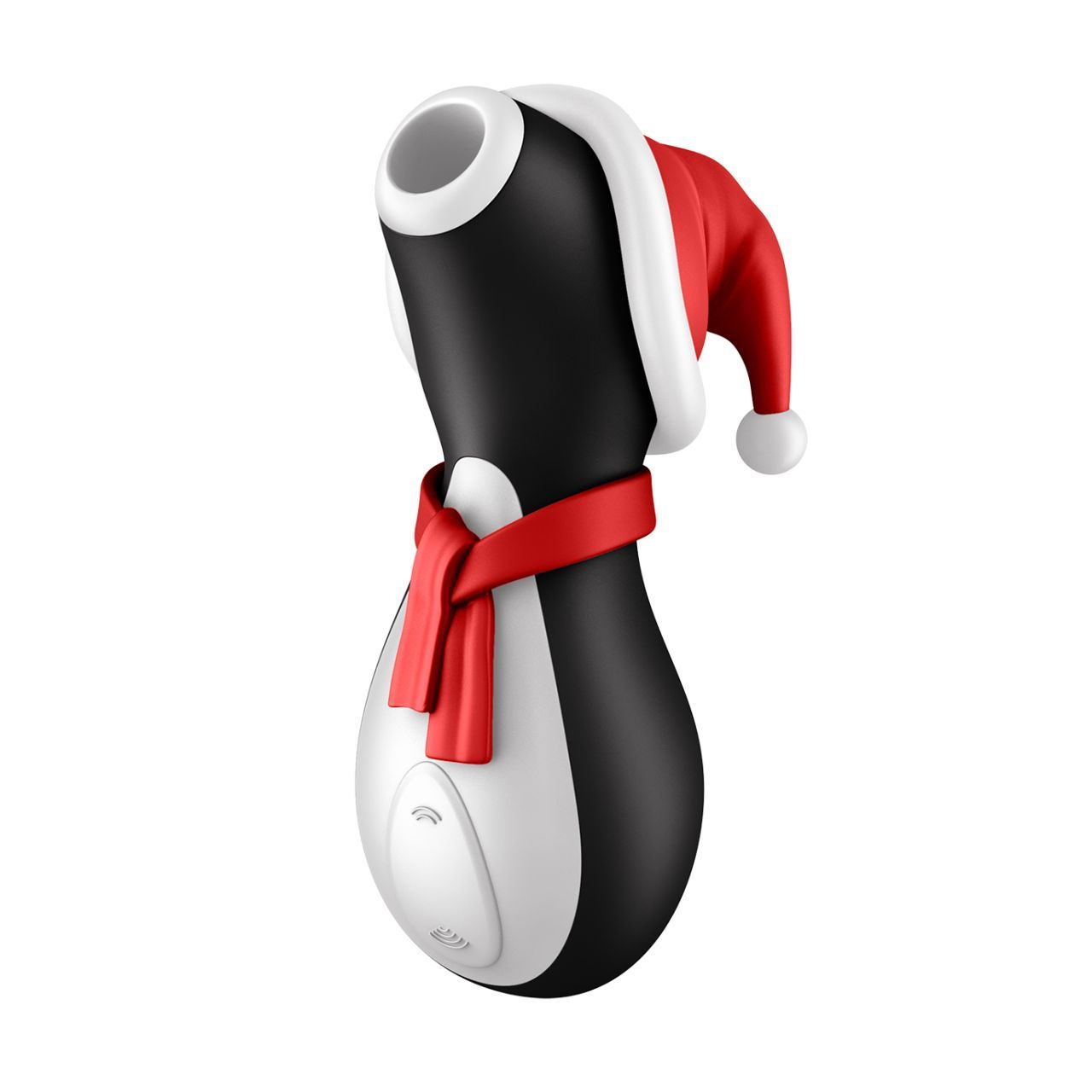 Schwarzes, pinguinförmiges Wellness-Produkt mit rotem Schal und Weihnachtsmütze. Weißer Bereich mit Bedienelementen.
