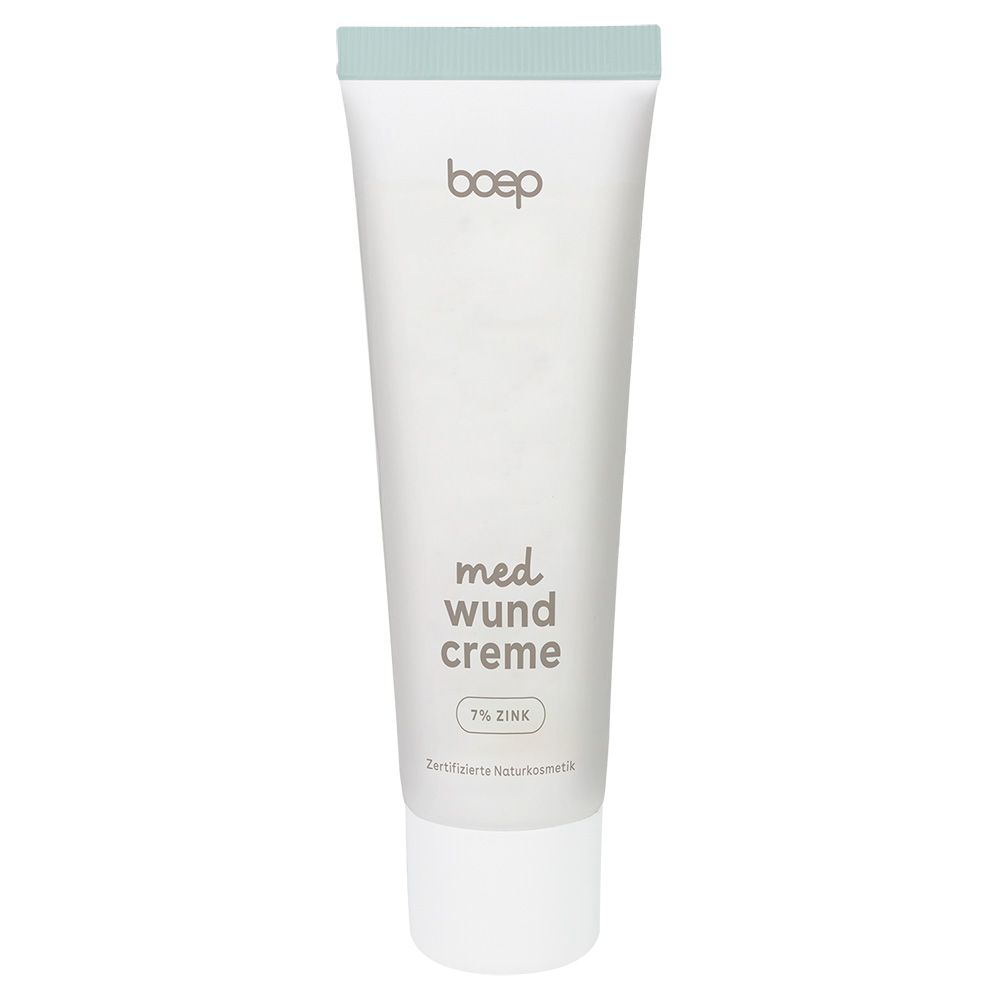 Creme-Tube mit grünem Deckel. Aufschrift: boep med wund creme, 7% Zink. Zertifizierte Naturkosmetik.