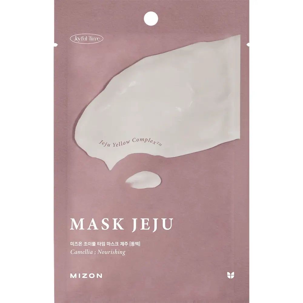 MIZON Joyful Time Mask Jeju Camelia, verpackt. Rosa Verpackung mit weißer Maske. Text: MASK JEJU.