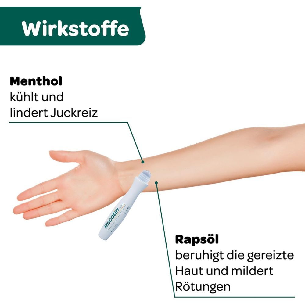 Arm mit Roll-on. Text: Menthol kühlt und lindert Juckreiz. Rapsöl beruhigt die gereizte Haut und mildert Rötungen.