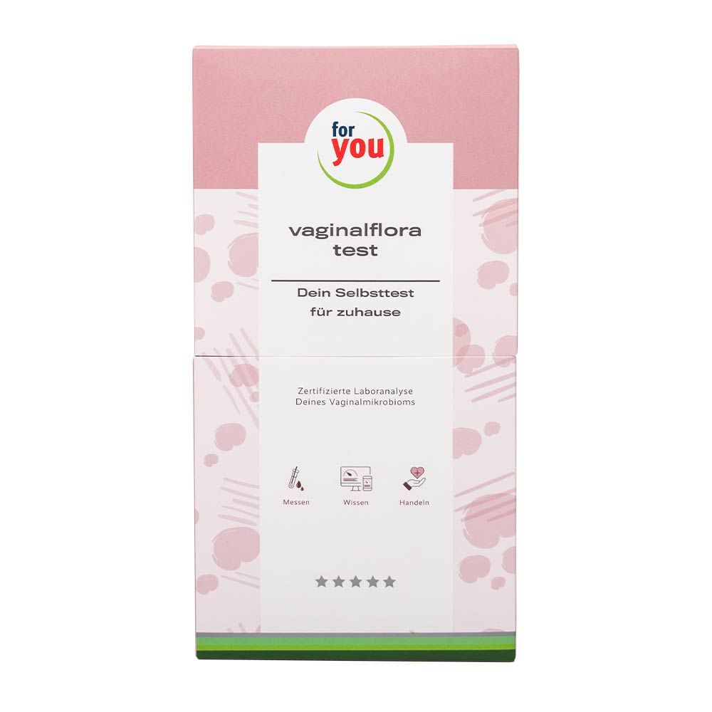 Verpackung "for you vaginalflora test". Rosa, mit Produktinformationen und Logos.