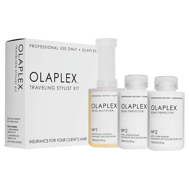 Olaplex Traveling Stylist Kit: Box mit Nr. 1 Bond Multiplier und zwei Nr. 2 Bond Perfector.