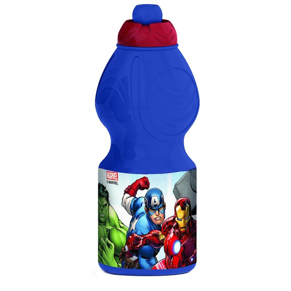 Blaue Sportflasche mit rotem Deckel. Aufdruck mit Avengers-Figuren: Hulk, Captain America, Iron Man. Marvel-Logo.