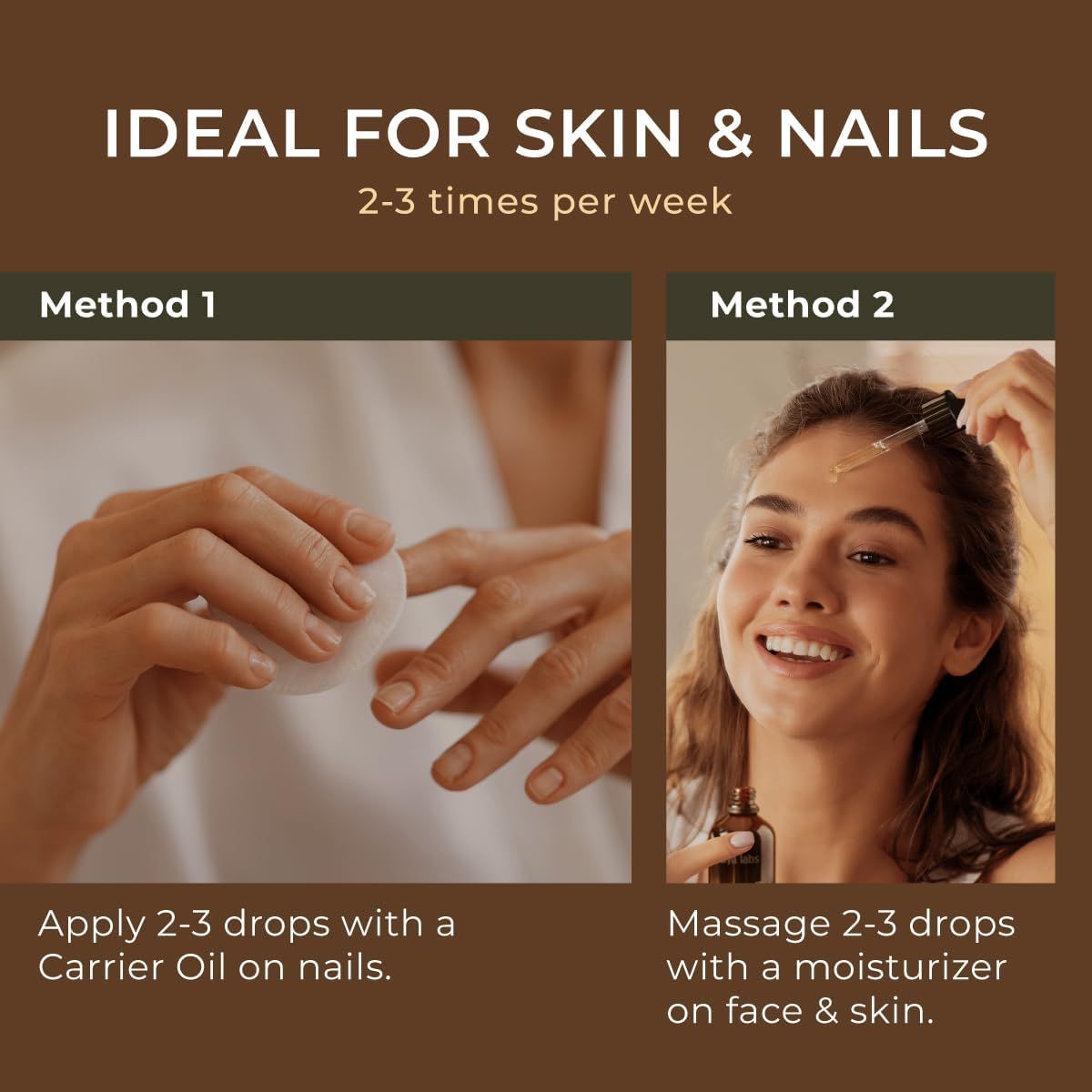 Zwei Bilder zeigen Anwendung. Links: Wattepad auf Nagel. Rechts: Frau trägt Öl auf Gesicht auf.