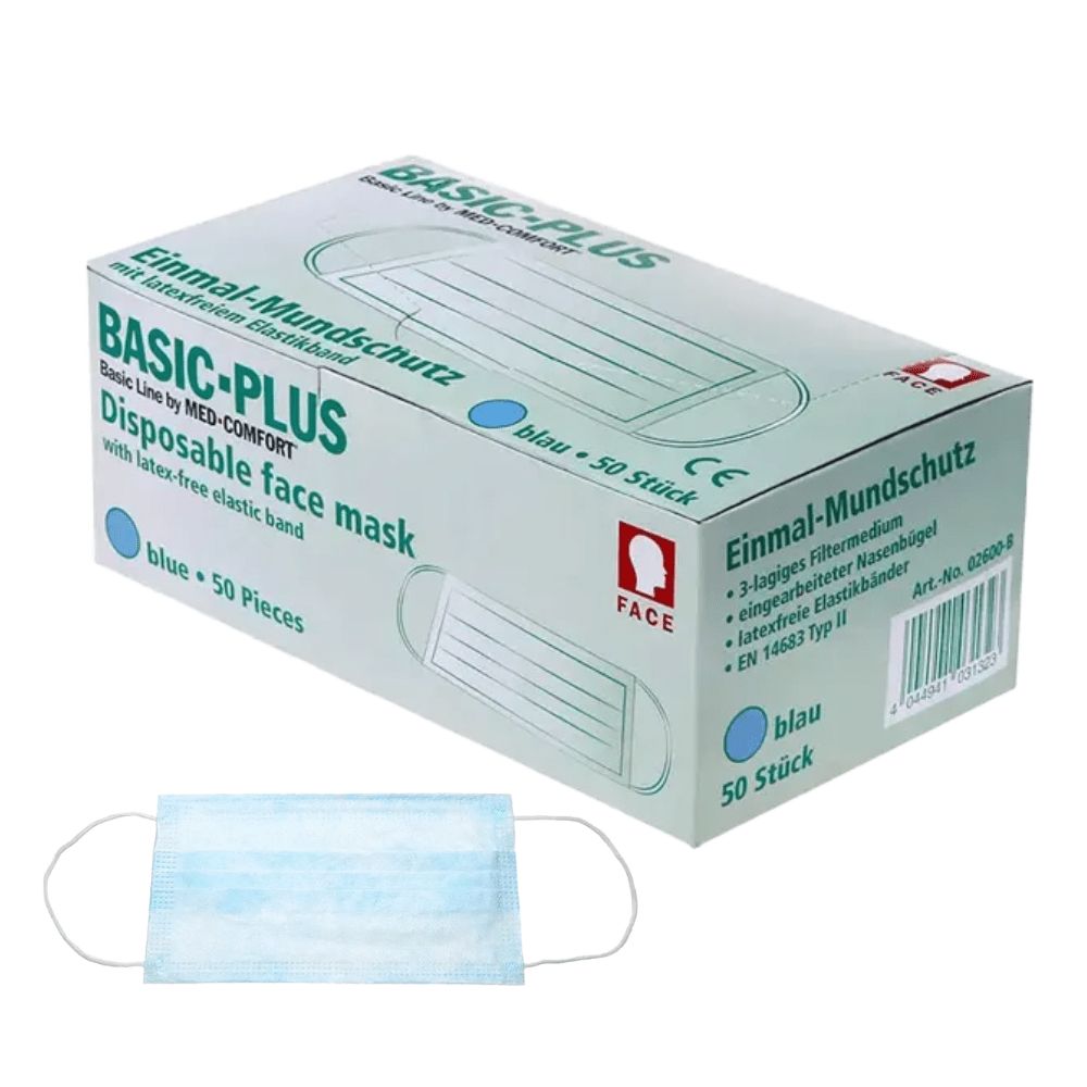 BASIC PLUS Einmal-Mundschutz, blau, 3-lagig, latexfrei, 50 Stück.
