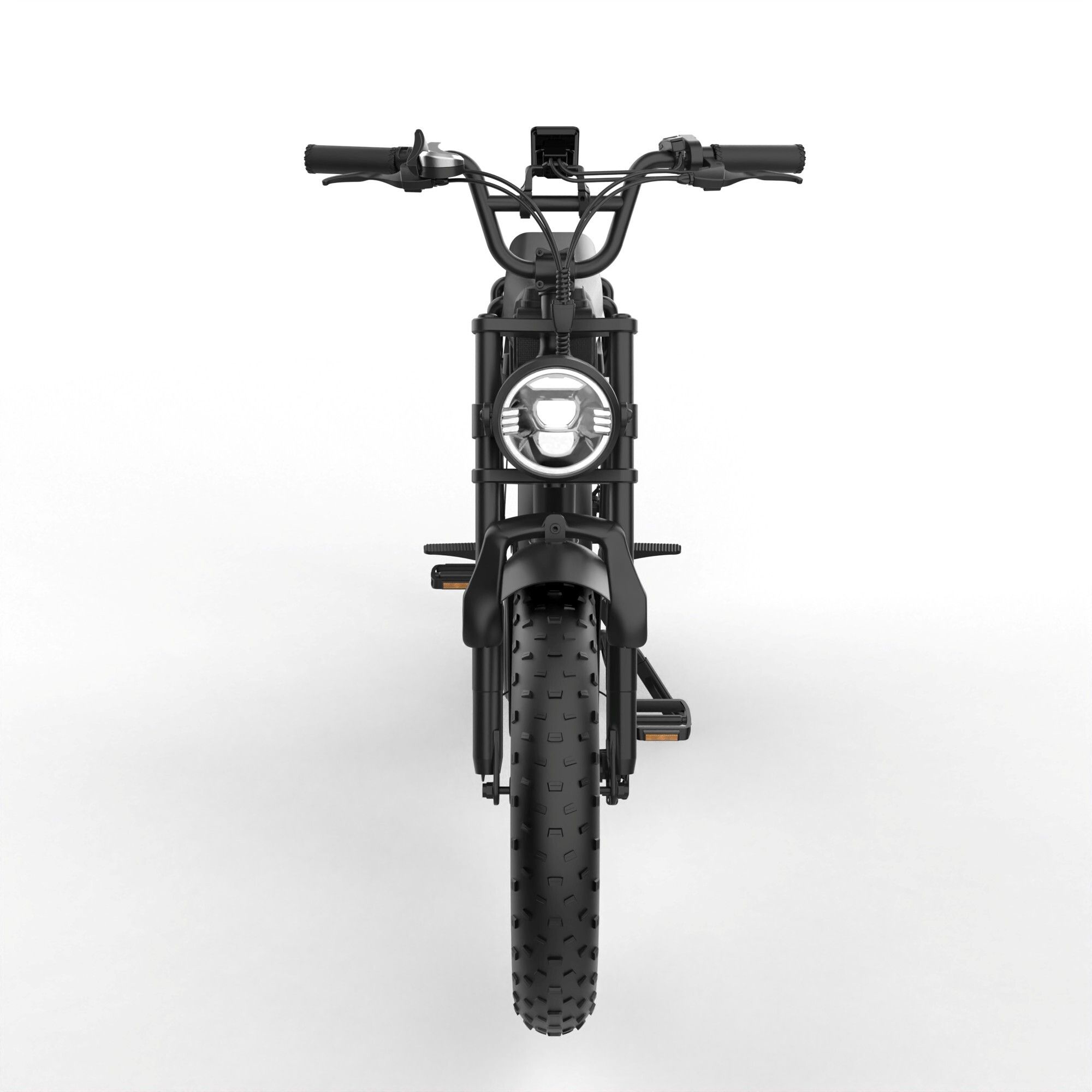 Schwarzes E-Cross-Fahrrad, Frontansicht. Breitreifen, Scheinwerfer und Lenker.