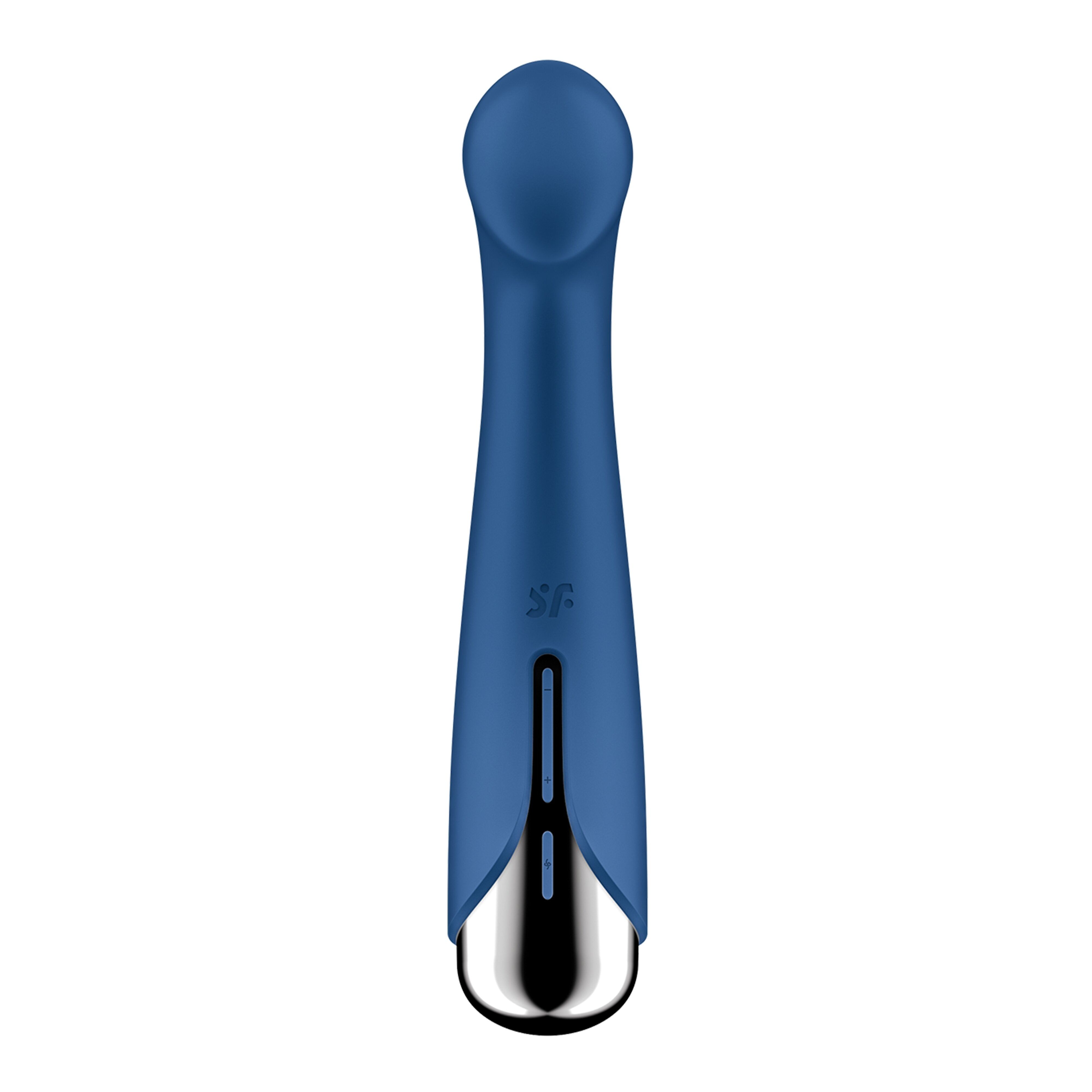 Blauer Vibrator mit silberfarbenem Ende. Zylindrische Form mit abgerundeter Spitze. SF-Logo sichtbar.