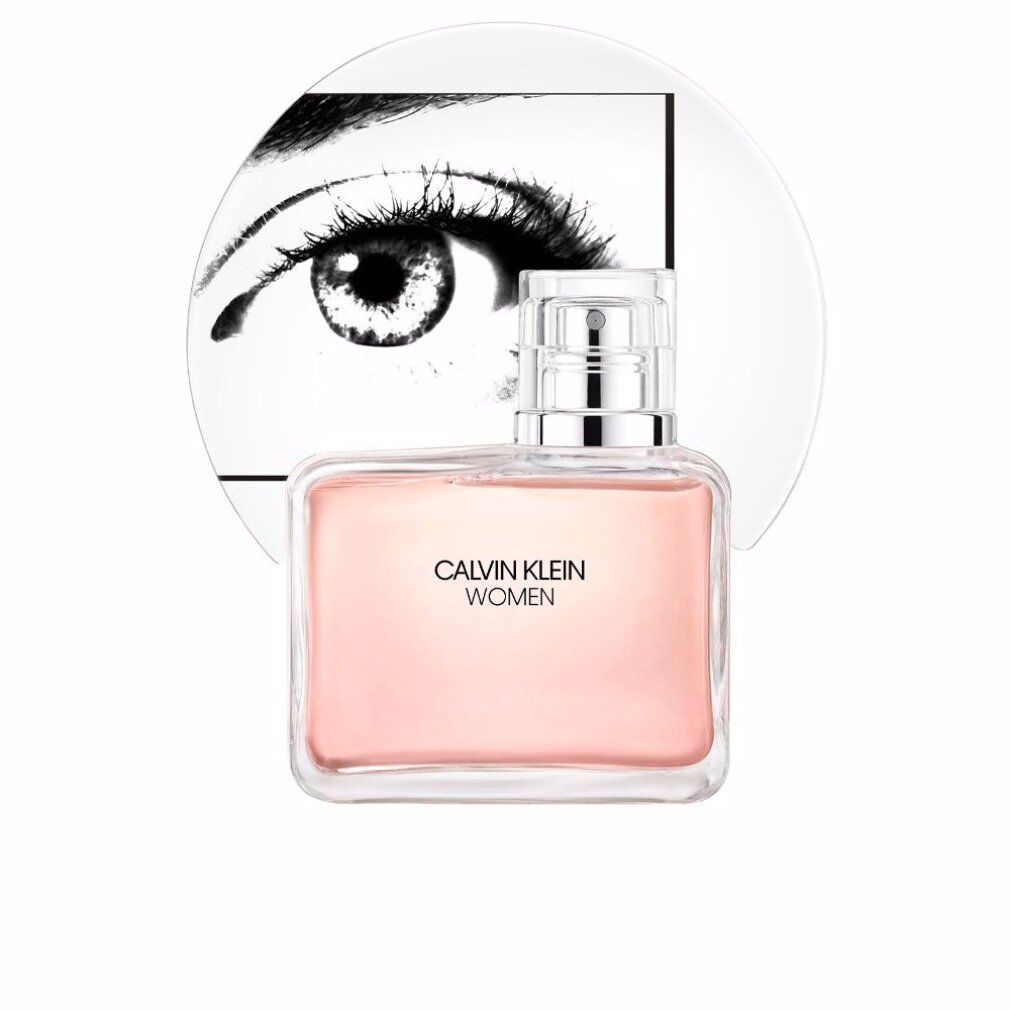 Rechteckiger Flakon mit rosa Flüssigkeit. Aufschrift: CALVIN KLEIN WOMEN. Hintergr.: Auge auf weißem Kreis.