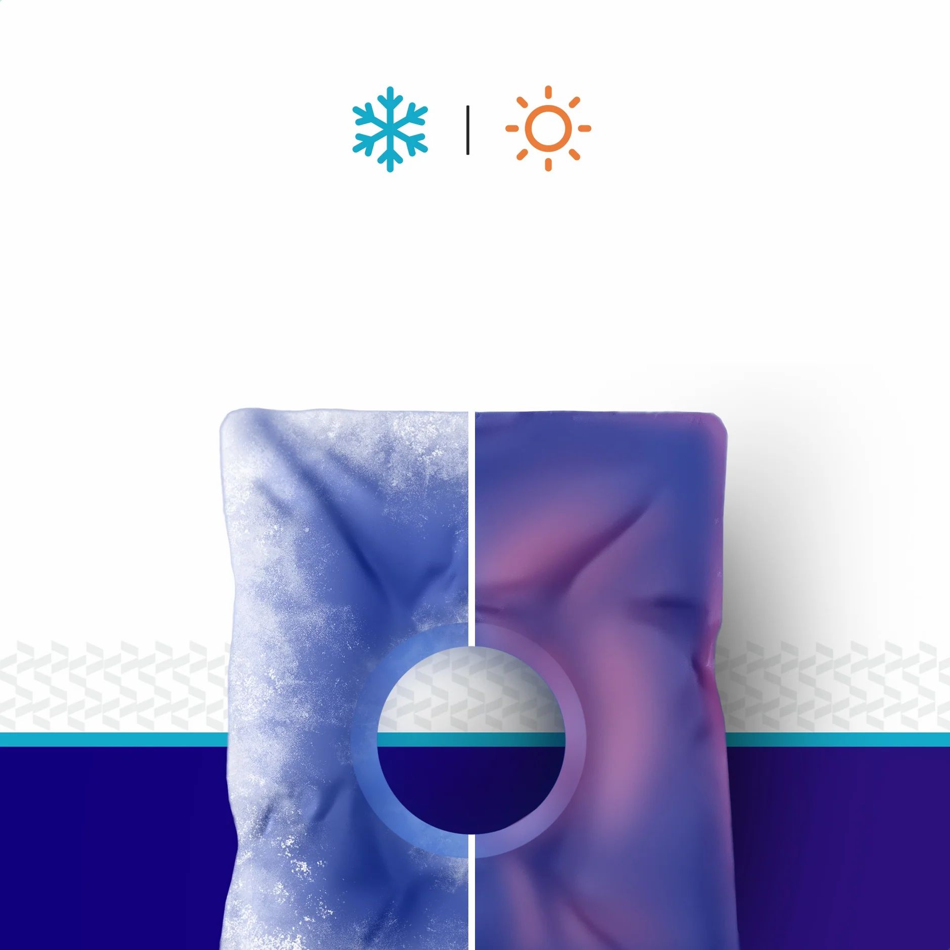 Blaues Kniegelpack mit Loch. Oben: Sonne und Schneeflocke. Für Wärme- und Kältetherapie.