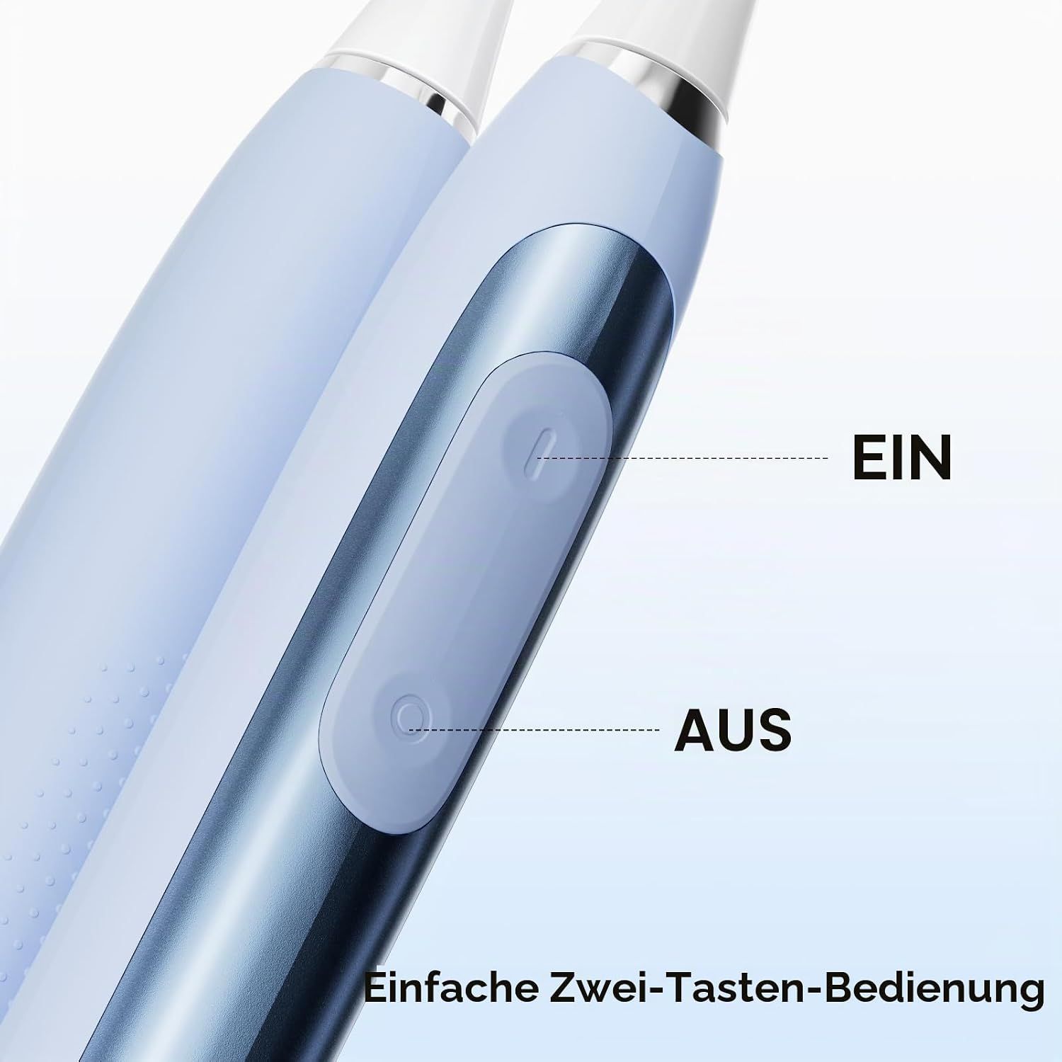Elektrische Zahnbürste mit zwei Knöpfen und transparentem Gehäuse.