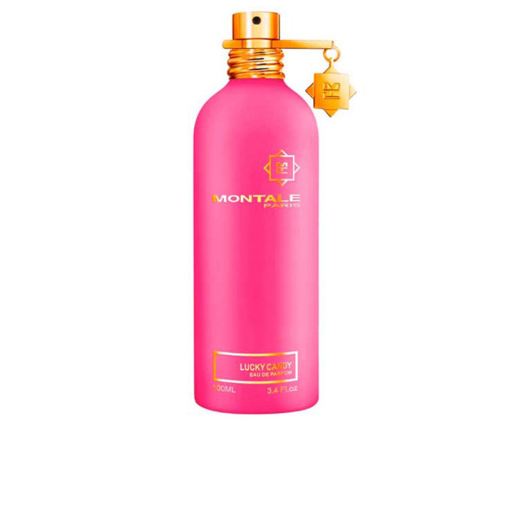 Rosa Flakon mit goldfarbenem Verschluss und Anhänger. Aufschrift: Montale Paris Lucky Candy Eau de Parfum. 3.4 FL.OZ.