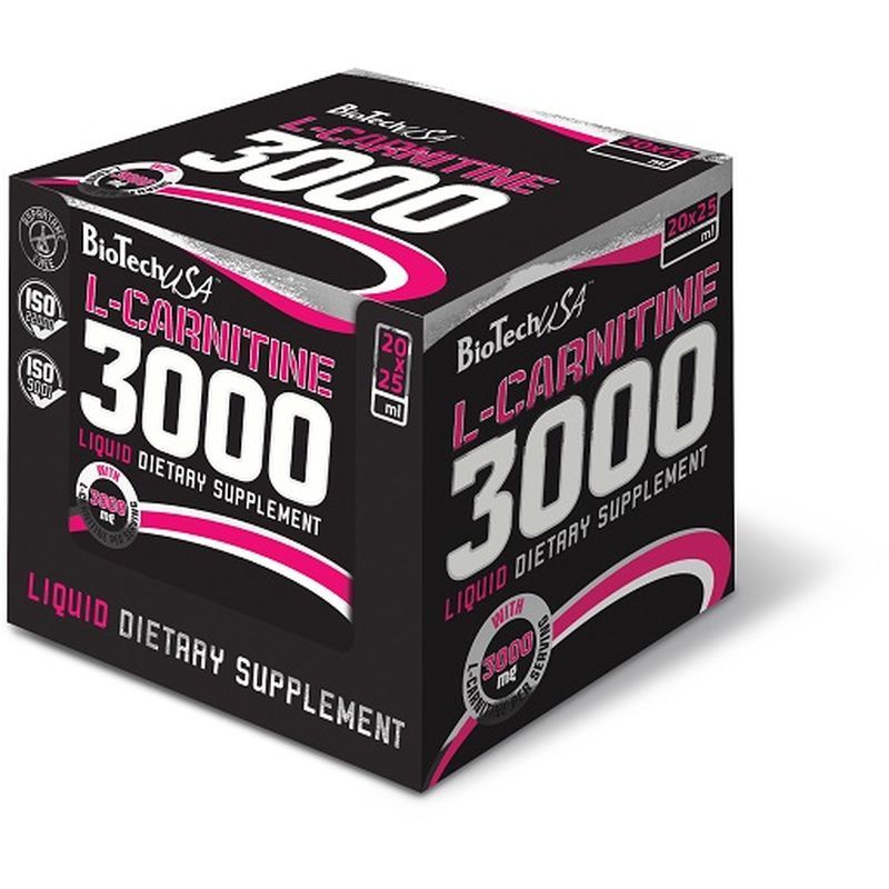 Schwarze Verpackung mit pinkfarbenen Akzenten. Aufschrift: BioTechUSA L-Carnitine 3000, Liquid Dietary Supplement. ISO-Zertifizierung.