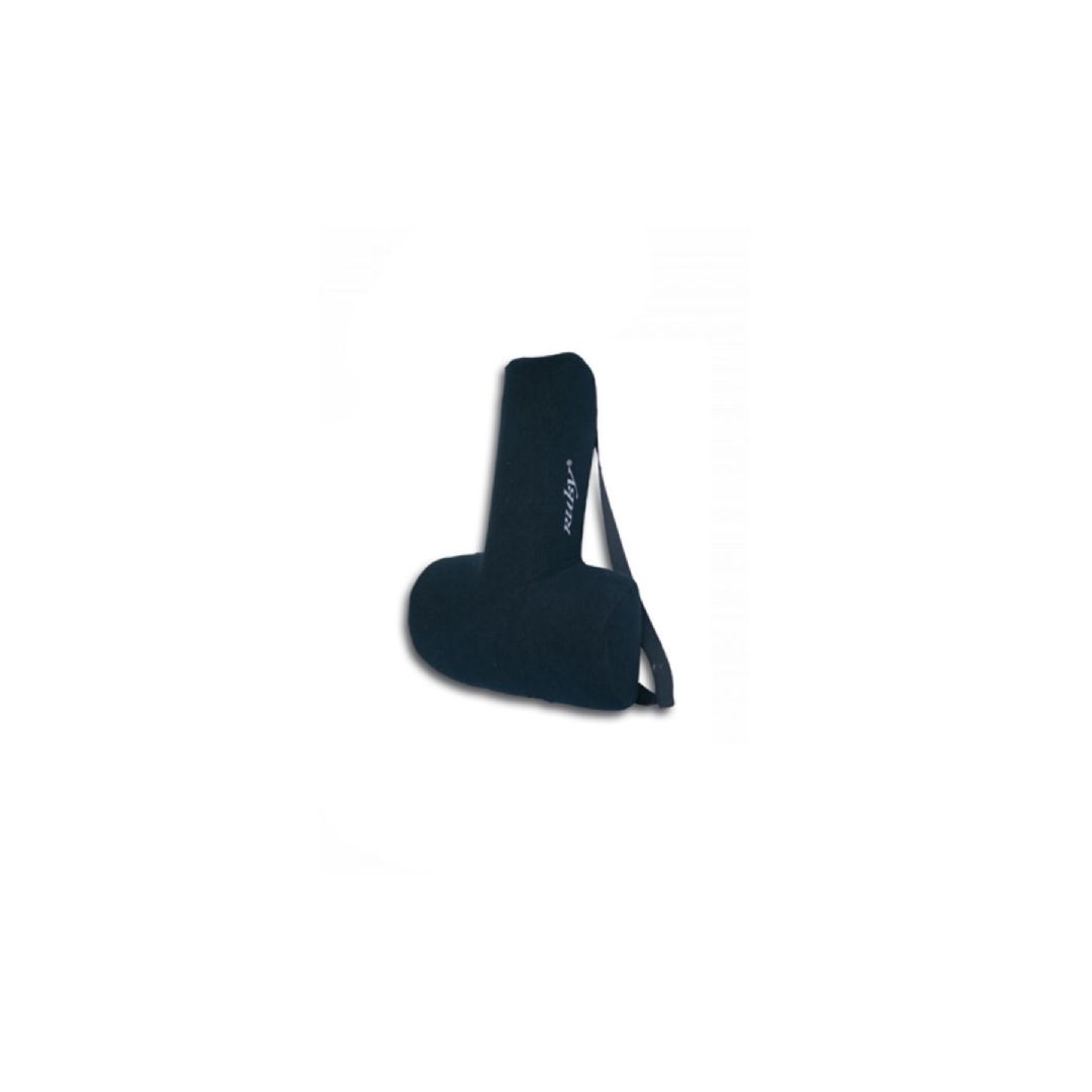 Schwarzes ergonomisches Lordosekissen mit Trageriemen.
