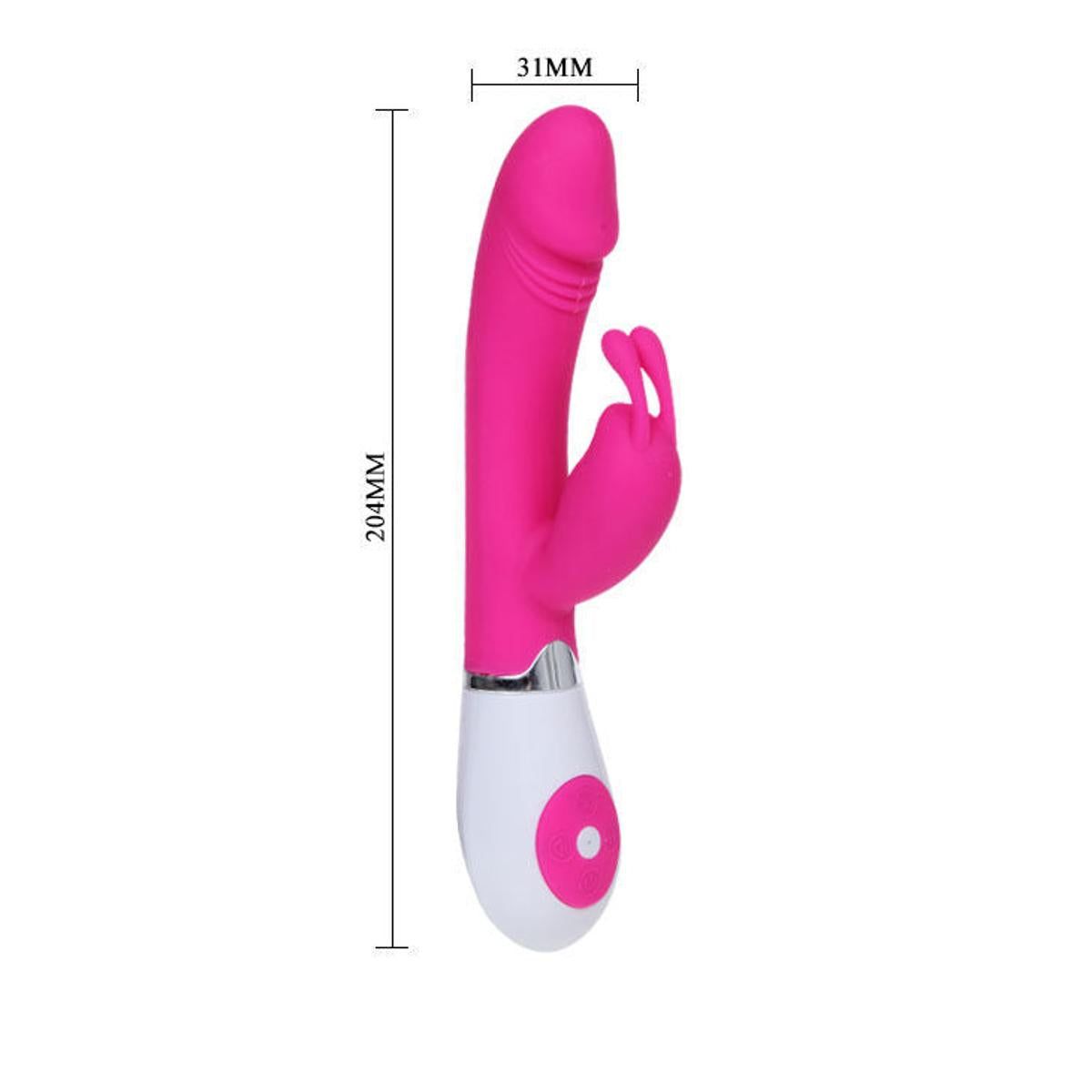 Rosa Vibrator mit weißem Sockel. Abmessungen: 204 mm lang, 31 mm breit. Der Vibrator hat eine längliche Form mit einem gebogenen Schaft und einem Kaninchenohren-Aufsatz.